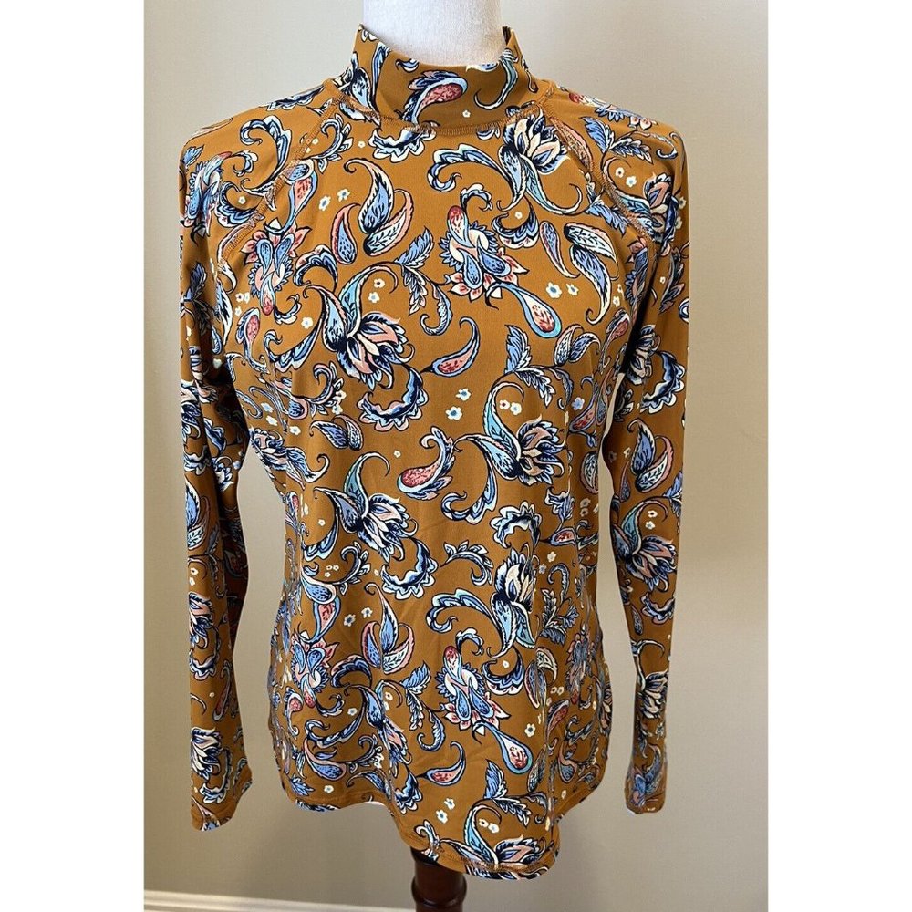 Garnet Hill Long Sleeve Rash Guard Size L Swim Shirt Floral Mock Turtleneck EUC